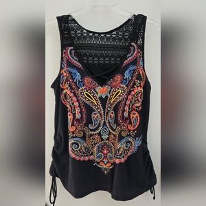 Black Paisley Lace-Back Swim Tank Top with Multicolor Print